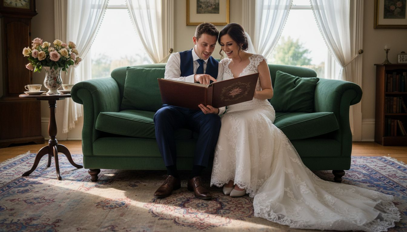 Couple reviewing wedding album on sofa
