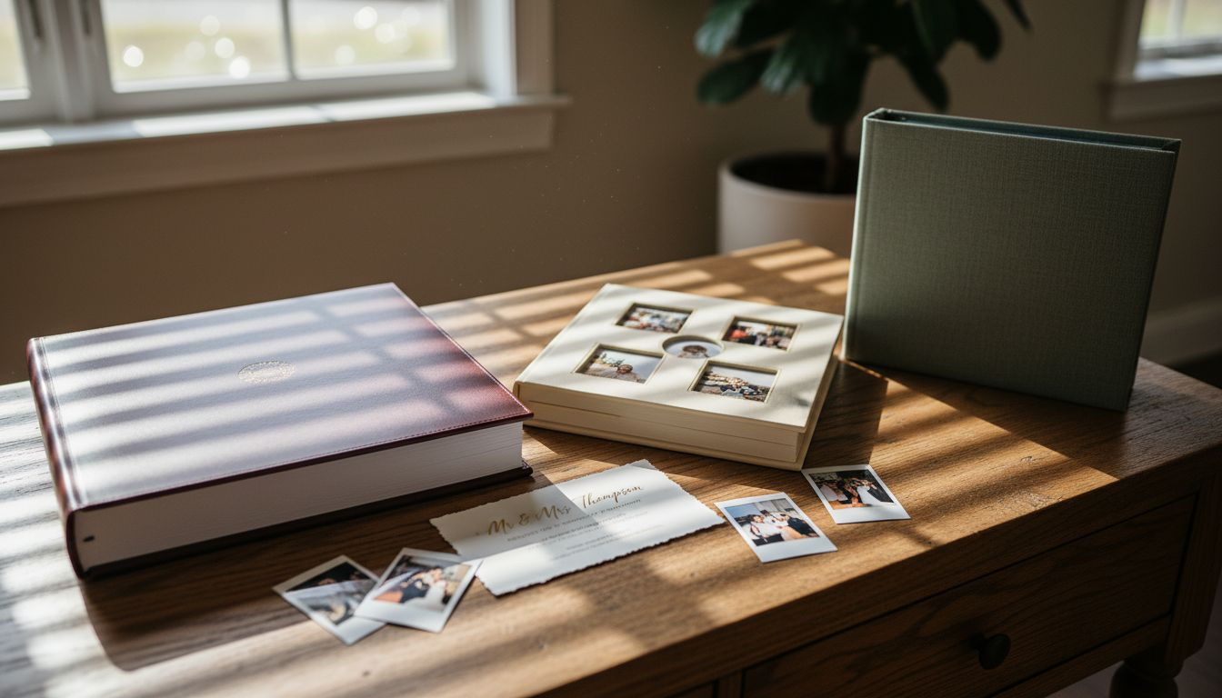 Different album types on oak sideboard