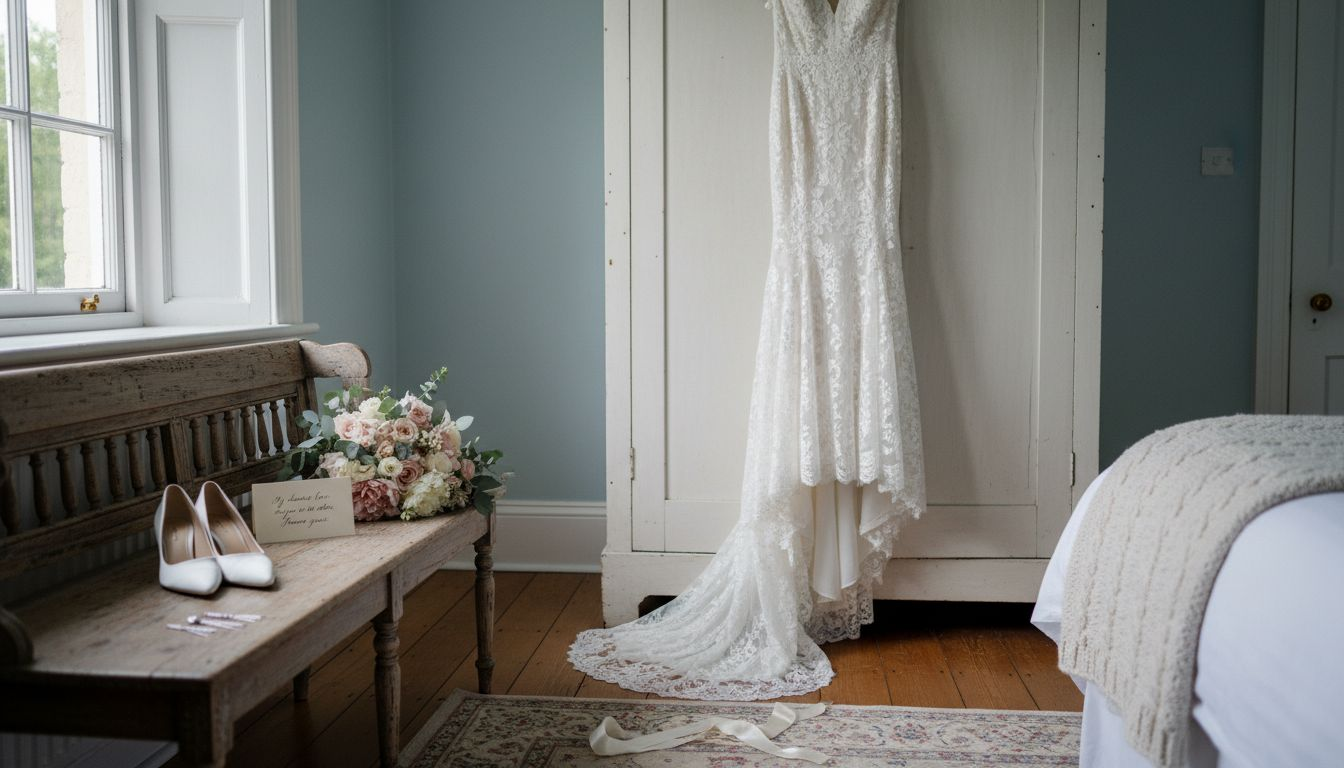 Lace dress, shoes, bouquet, and note