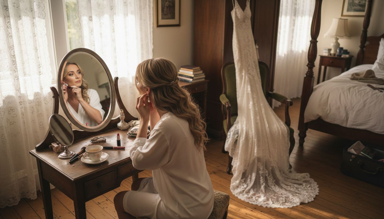 Bride fastening earring at vintage vanity