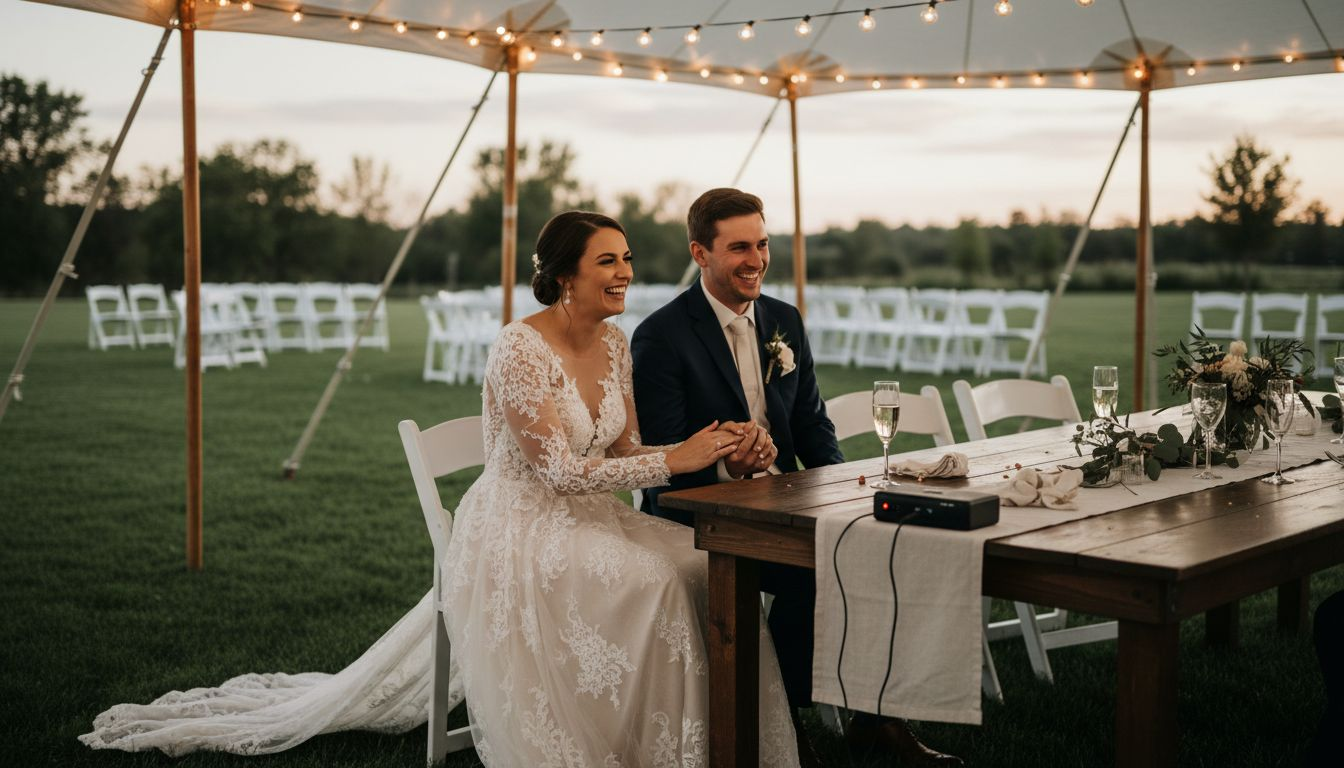 Bride and groom listening to wedding speech