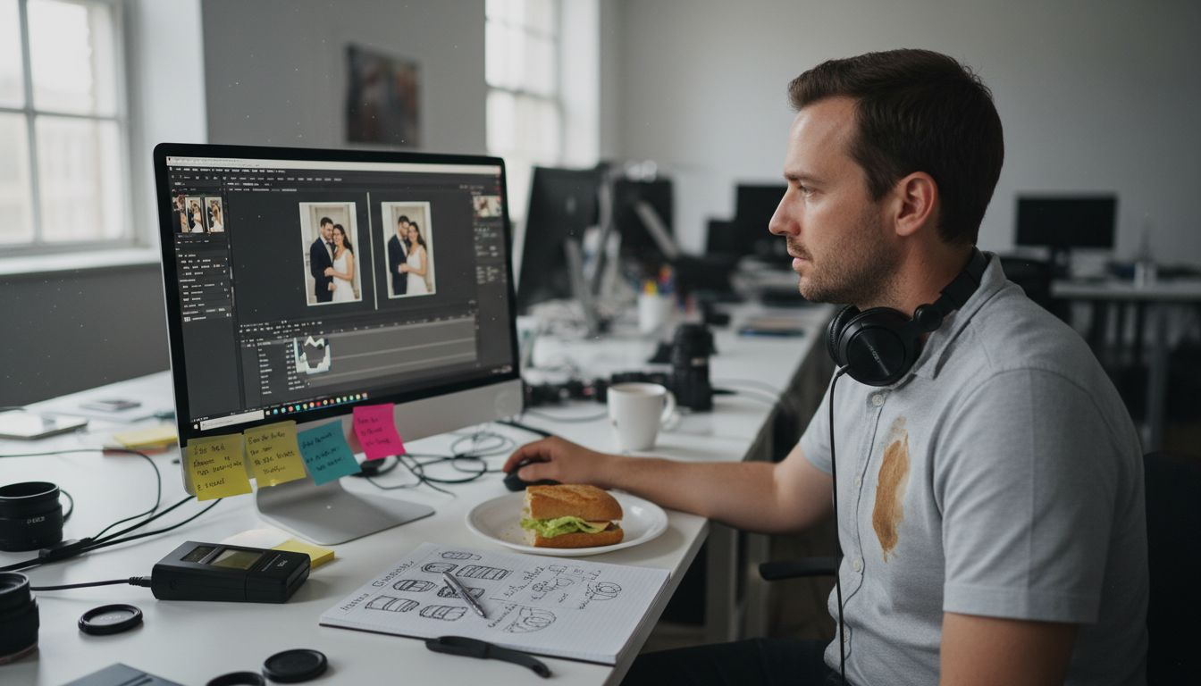 Photographer editing wedding photos at studio desk