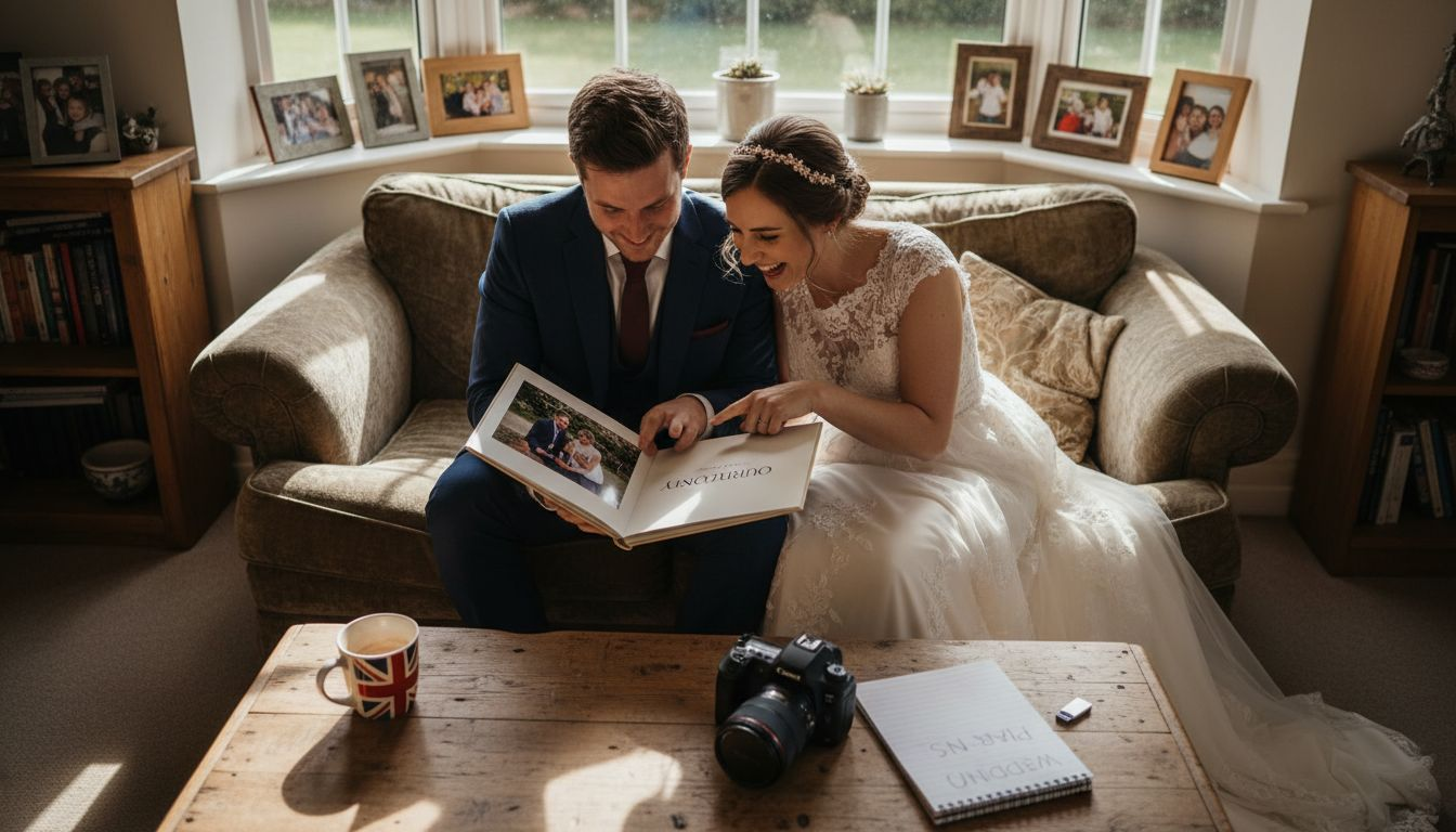 Couple reviewing edited wedding album at home