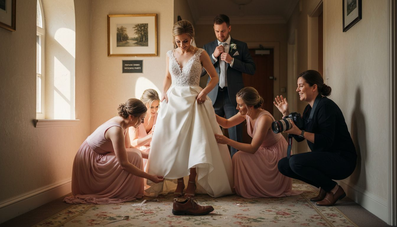 Bridal party candidly posed before ceremony