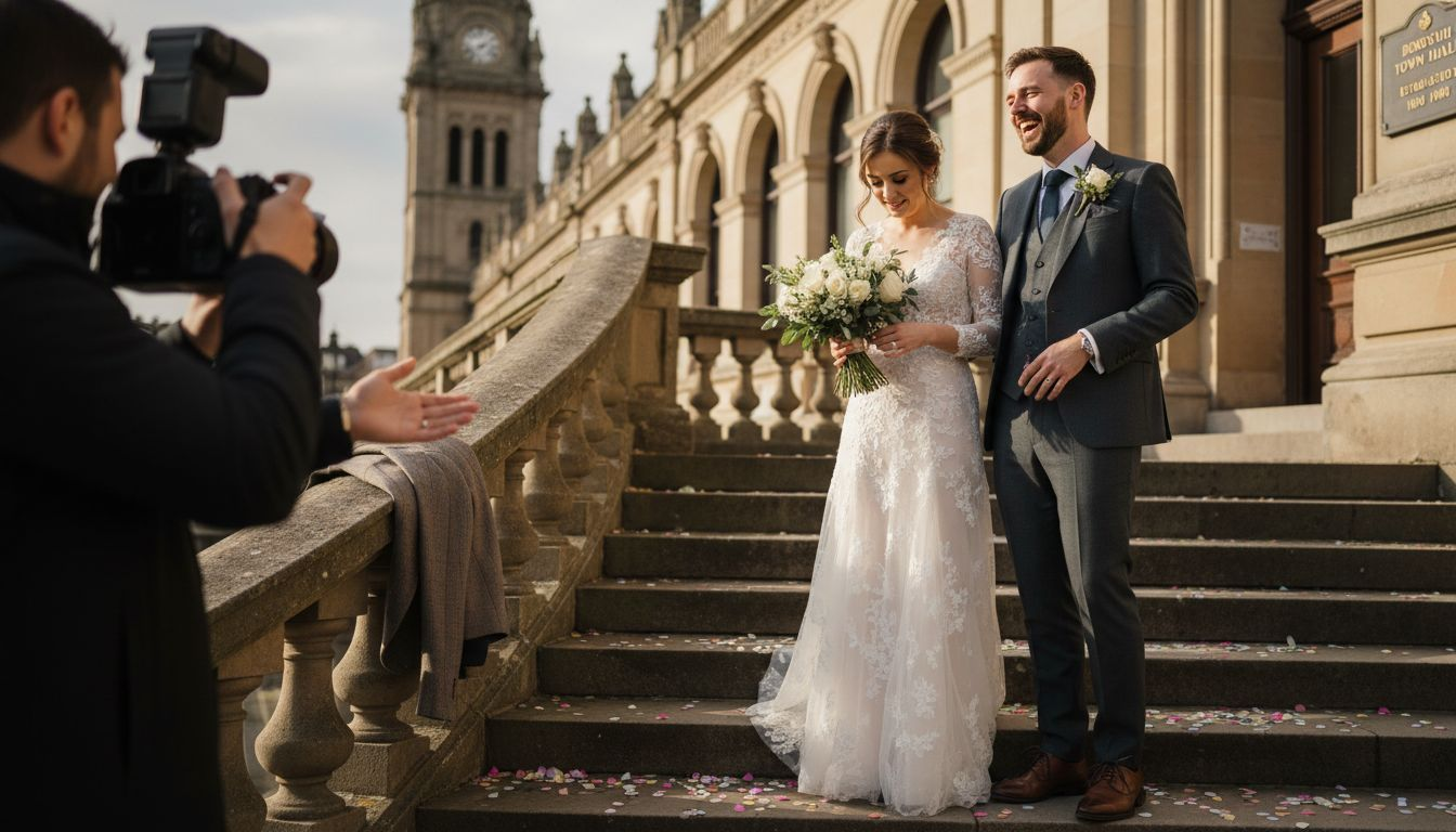 Couple being gently posed for wedding photos