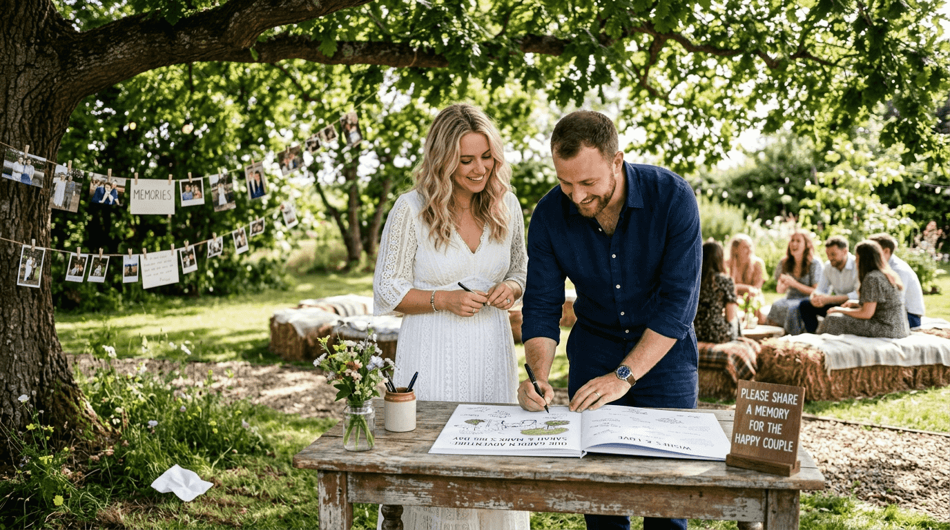 Couple personalising outdoor wedding celebration