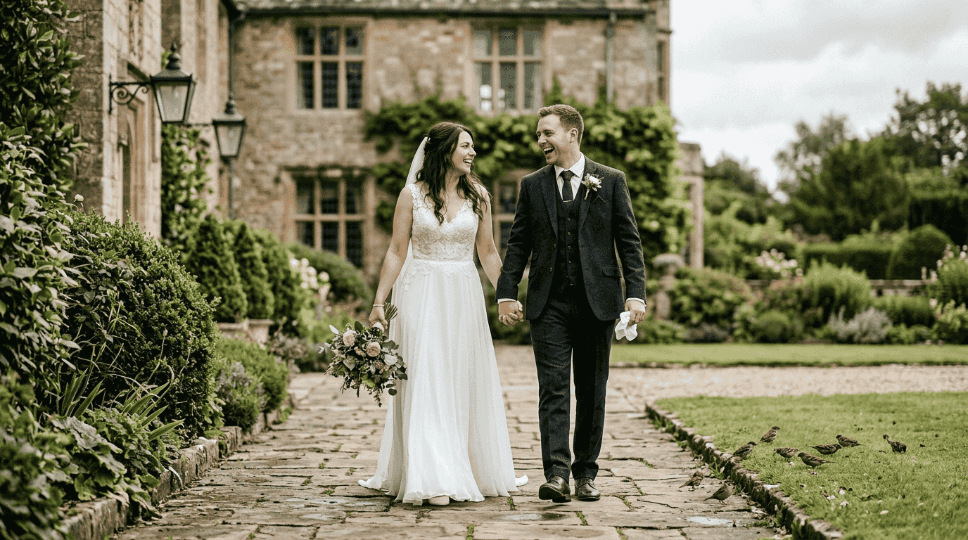 Couple walking outside Staffordshire manor house