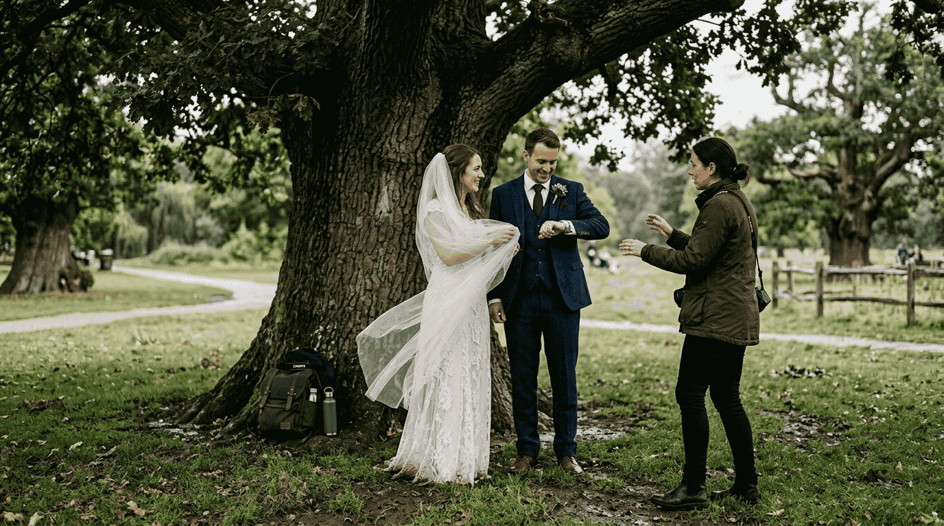 Bride groom and photographer under overcast sky