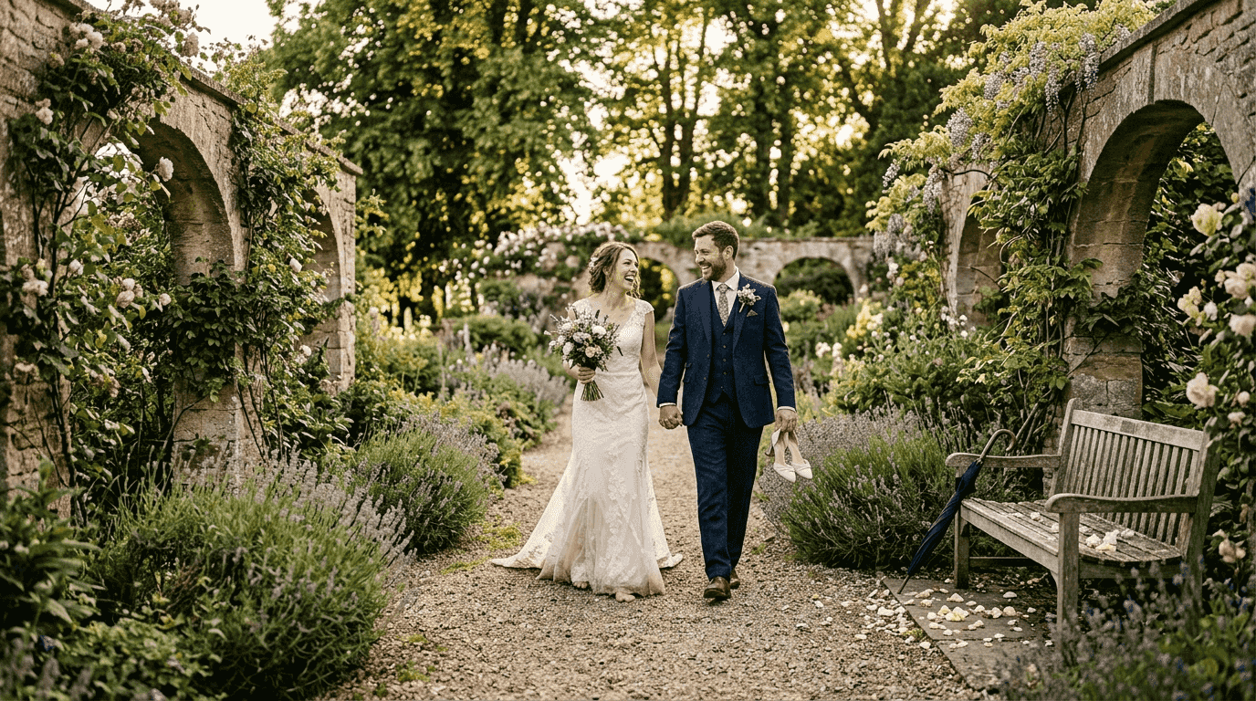 Couple walking candidly in UK garden wedding