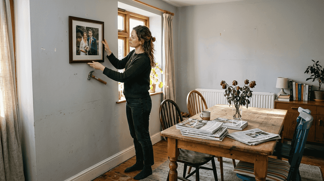 Woman hanging framed wedding photo