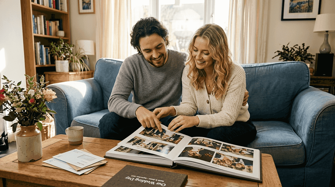 Couple reviewing printed wedding album