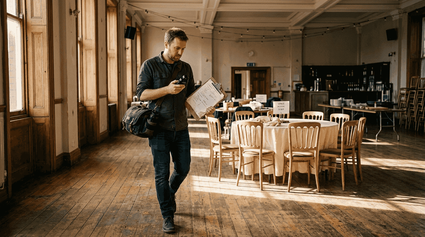 Photographer scouting venue before wedding day