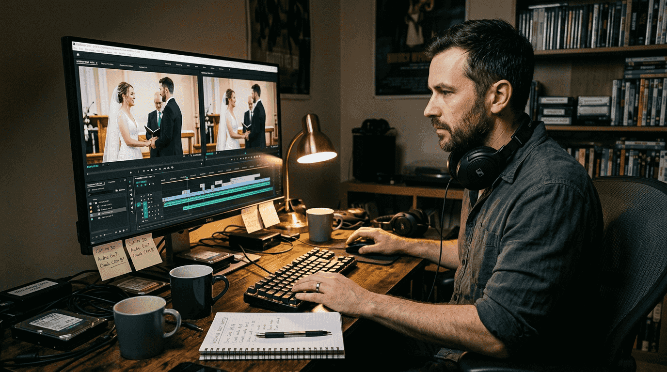 Film editor reviews multi-angle wedding footage