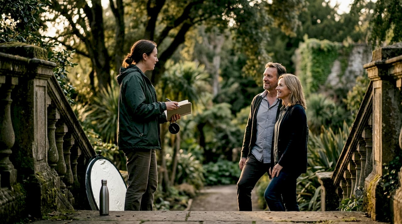 Photographer guiding couple on stone steps