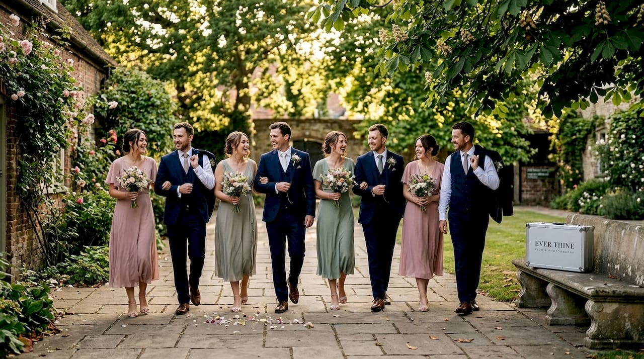 Bridal party candid group walking outdoors