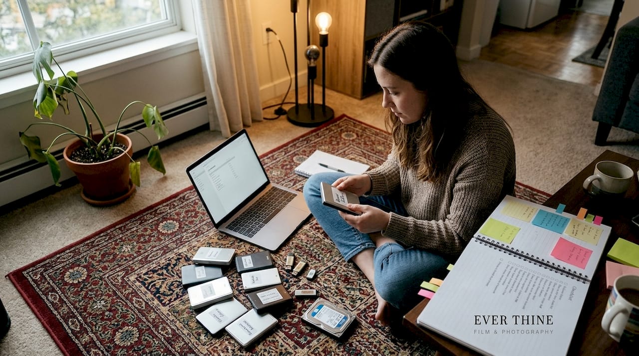 Woman organizing wedding video backups at home