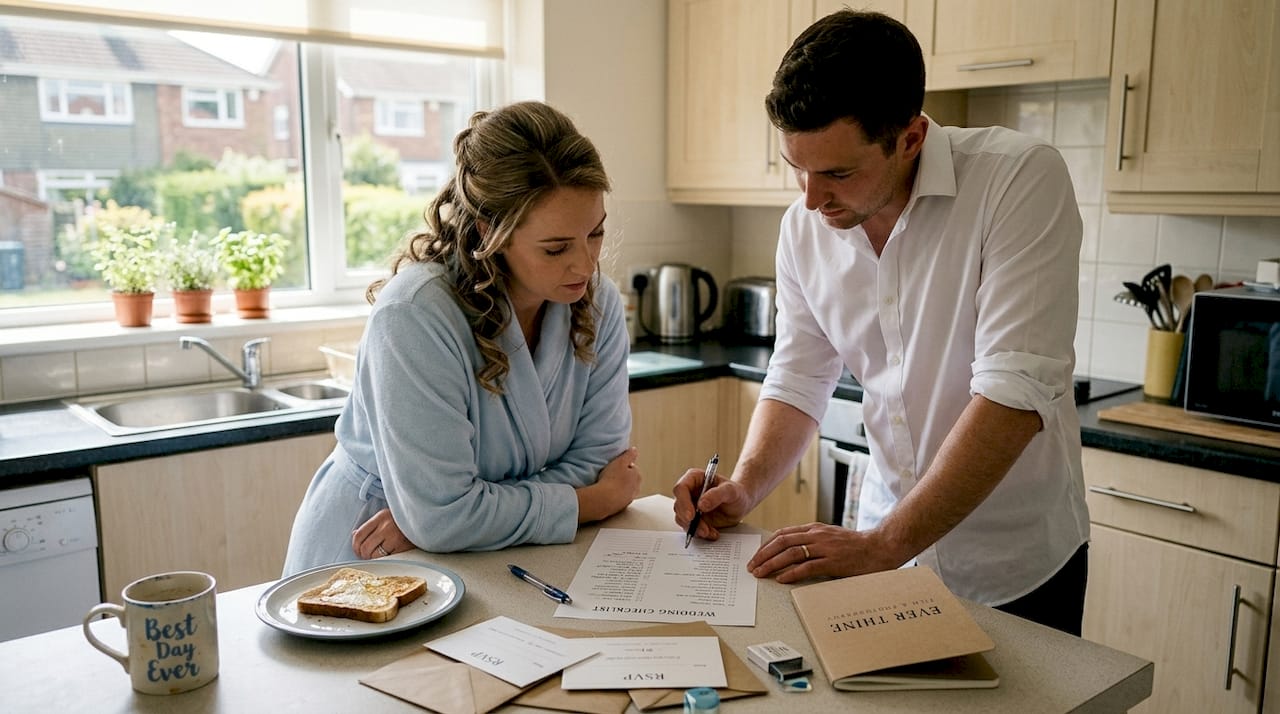 Couple reviewing wedding checklist in kitchen