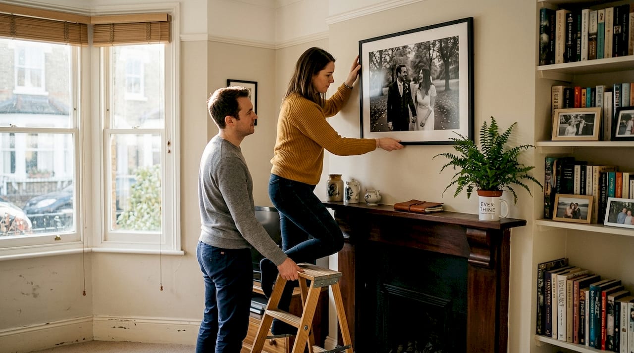 Couple hangs wedding photo at home