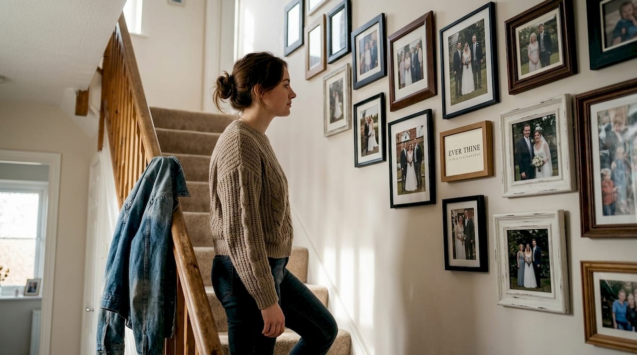Woman admires wedding photo gallery wall