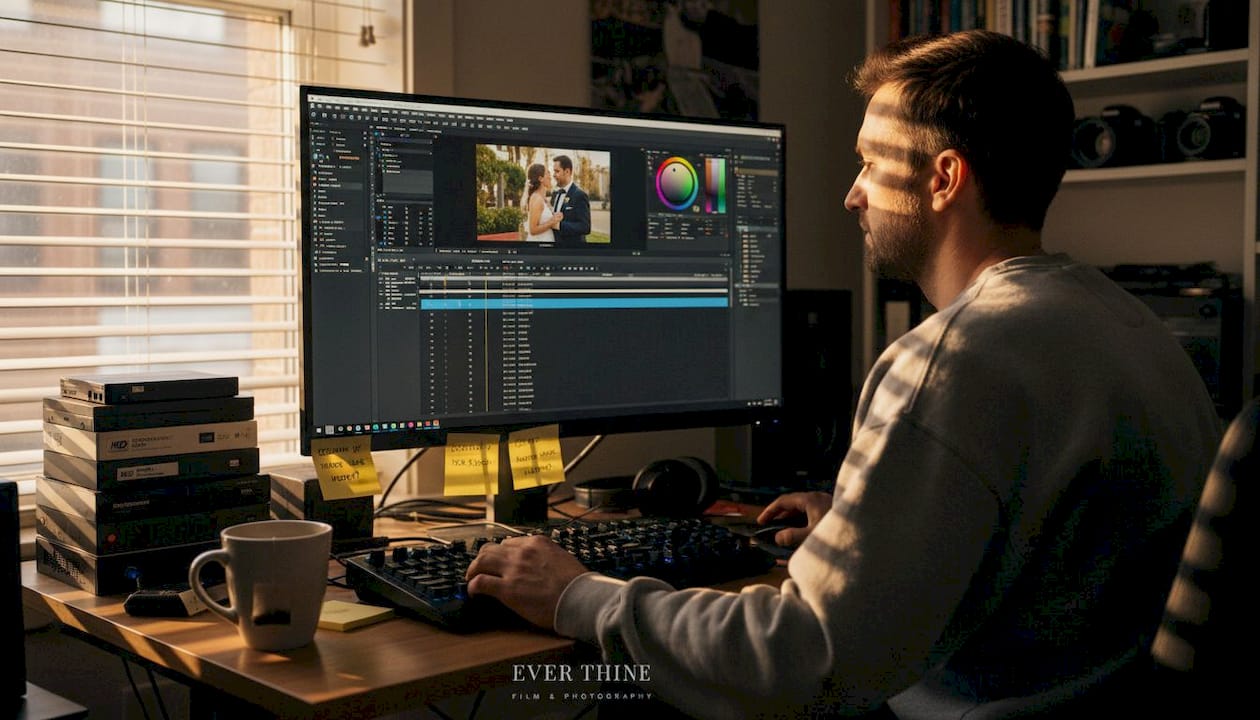 Wedding video editor grading footage at desk