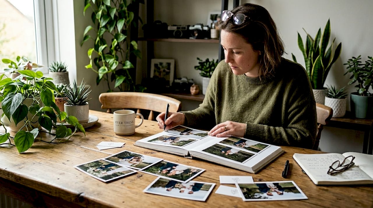 Photographer arranging wedding album prints