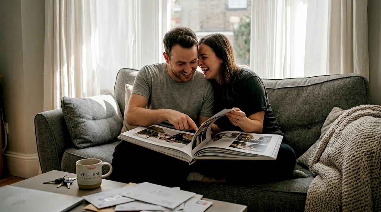Couple enjoying wedding album on sofa