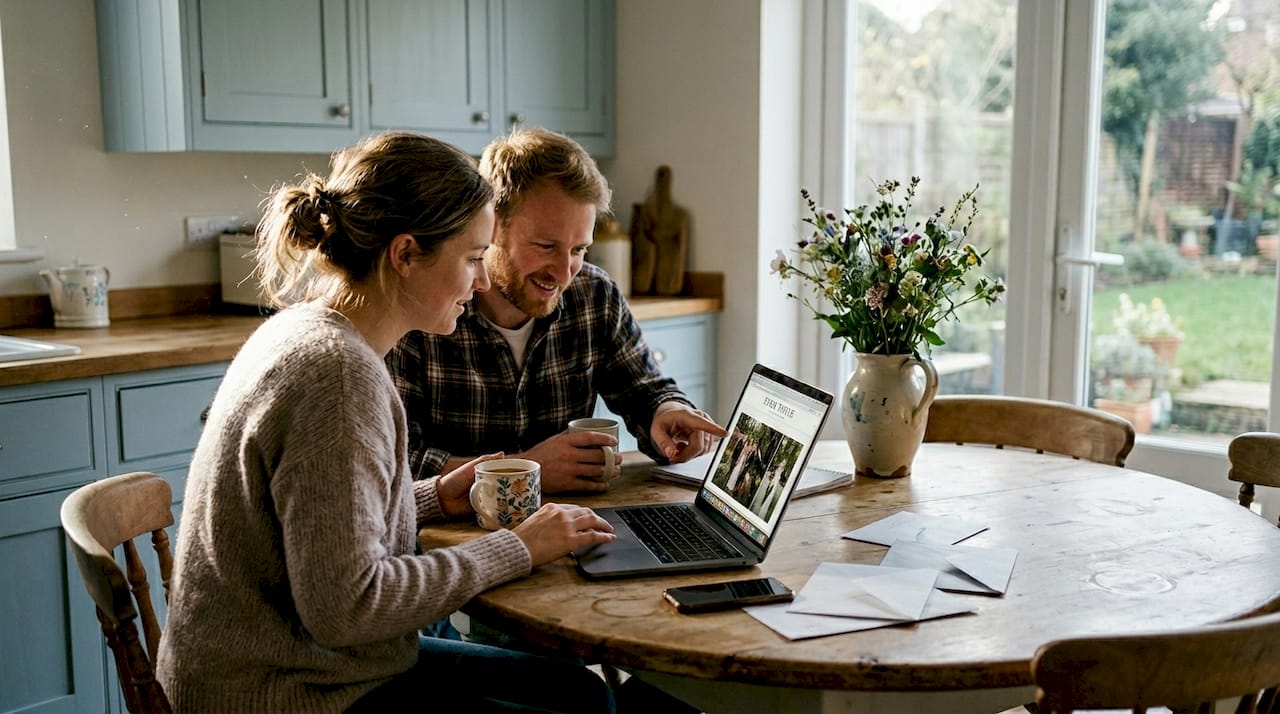 Couple viewing digital wedding album at kitchen table