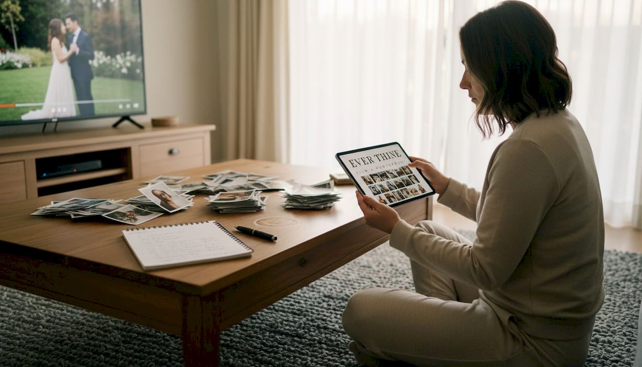 Woman curating wedding album with tablet and prints