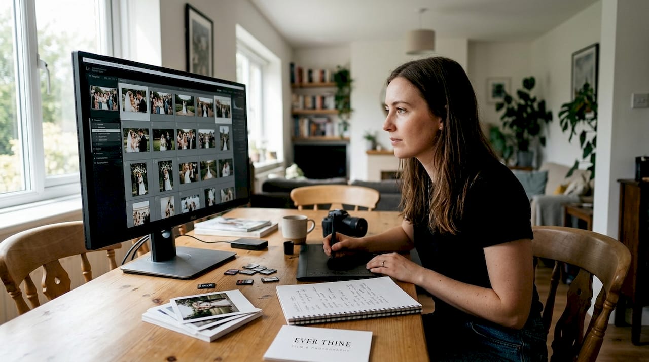 Photographer editing wedding photo workflow