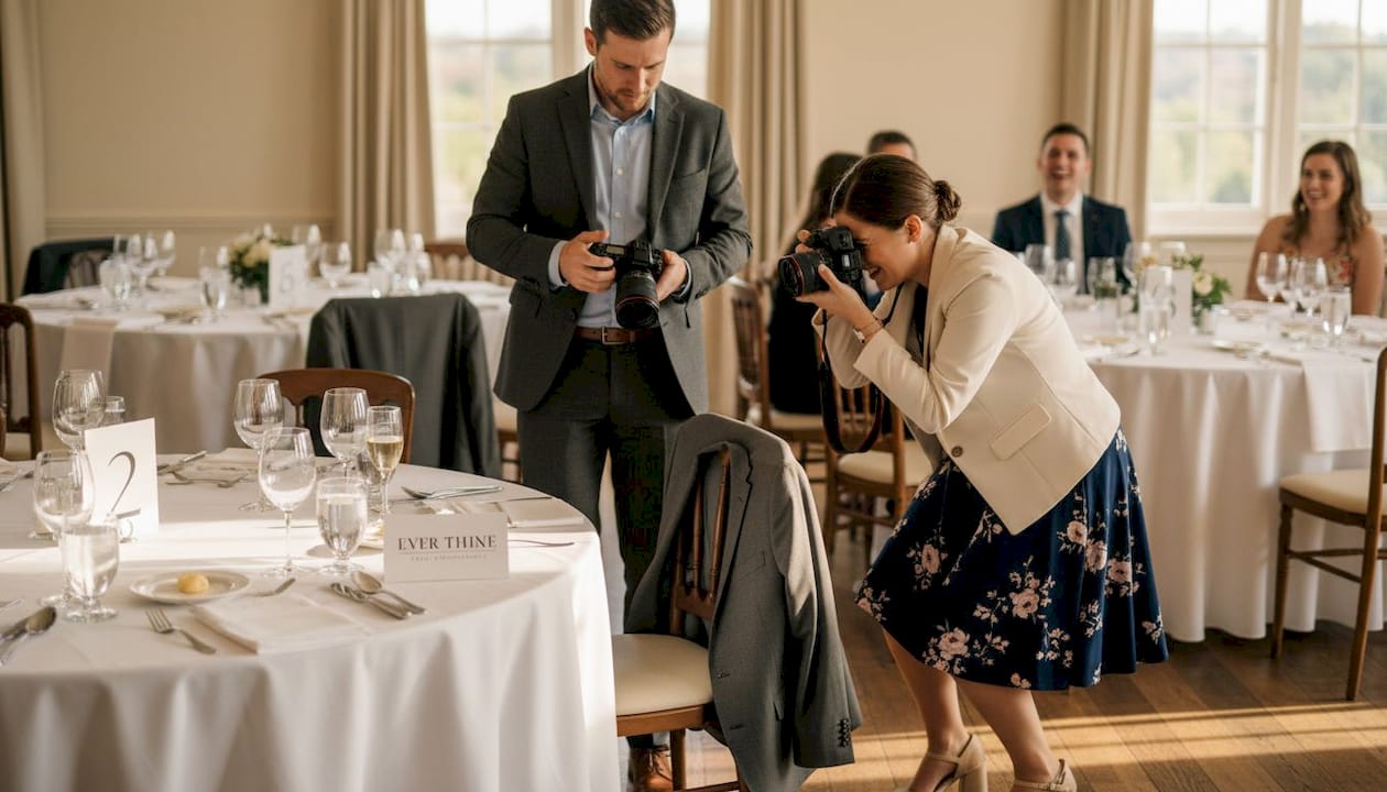 Two photographers capturing candid wedding moments