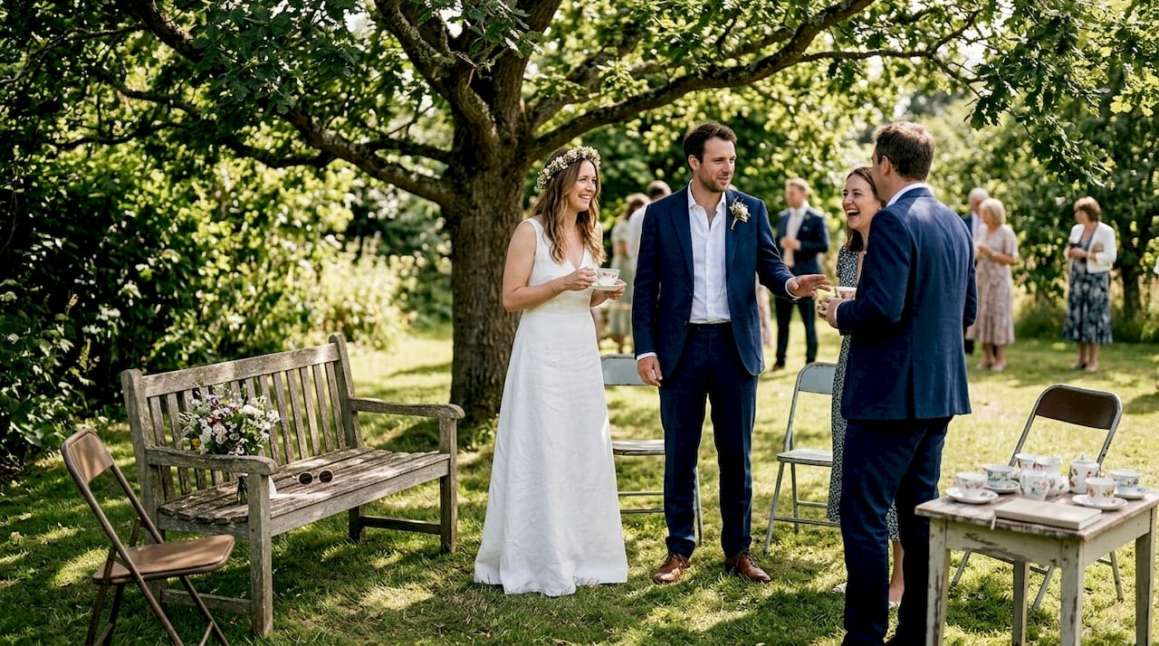 Candid garden wedding moment in England