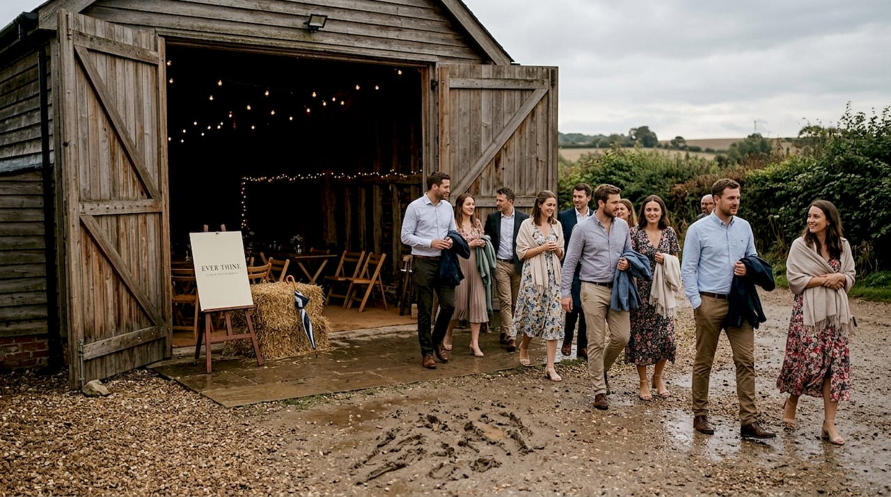 Guests arriving at rustic barn wedding
