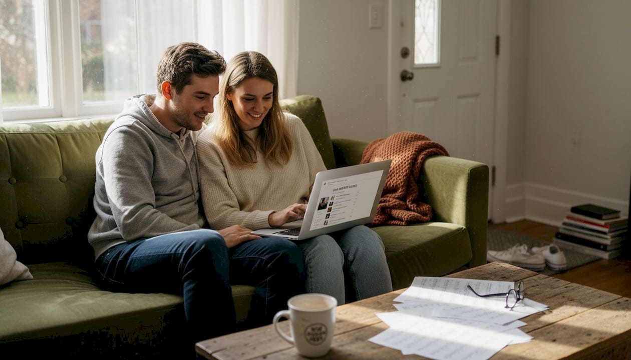 Couple selecting music for wedding slideshow