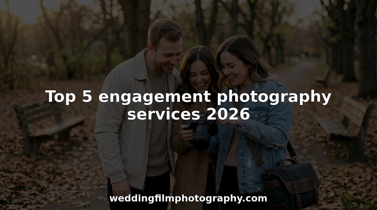 Engaged couple reviews photos in sunlit park