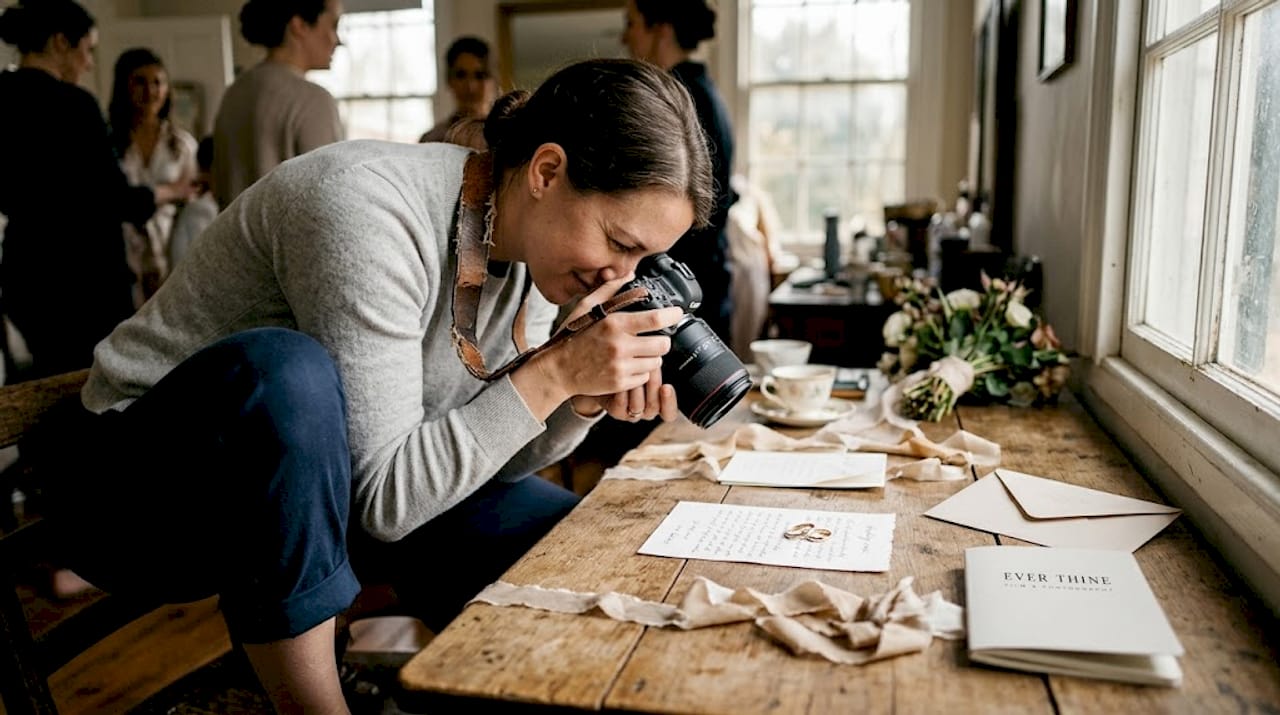 Photographer taking candid wedding detail shot