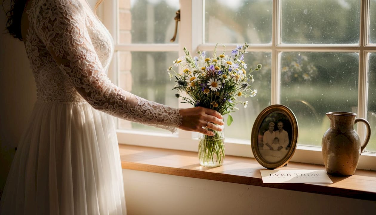 Bride’s lace sleeve reaching for bouquet
