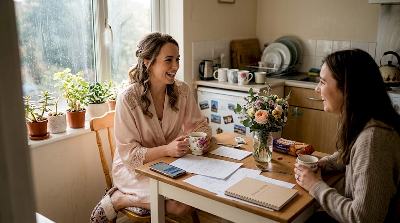 Bride and friend relaxing at kitchen table