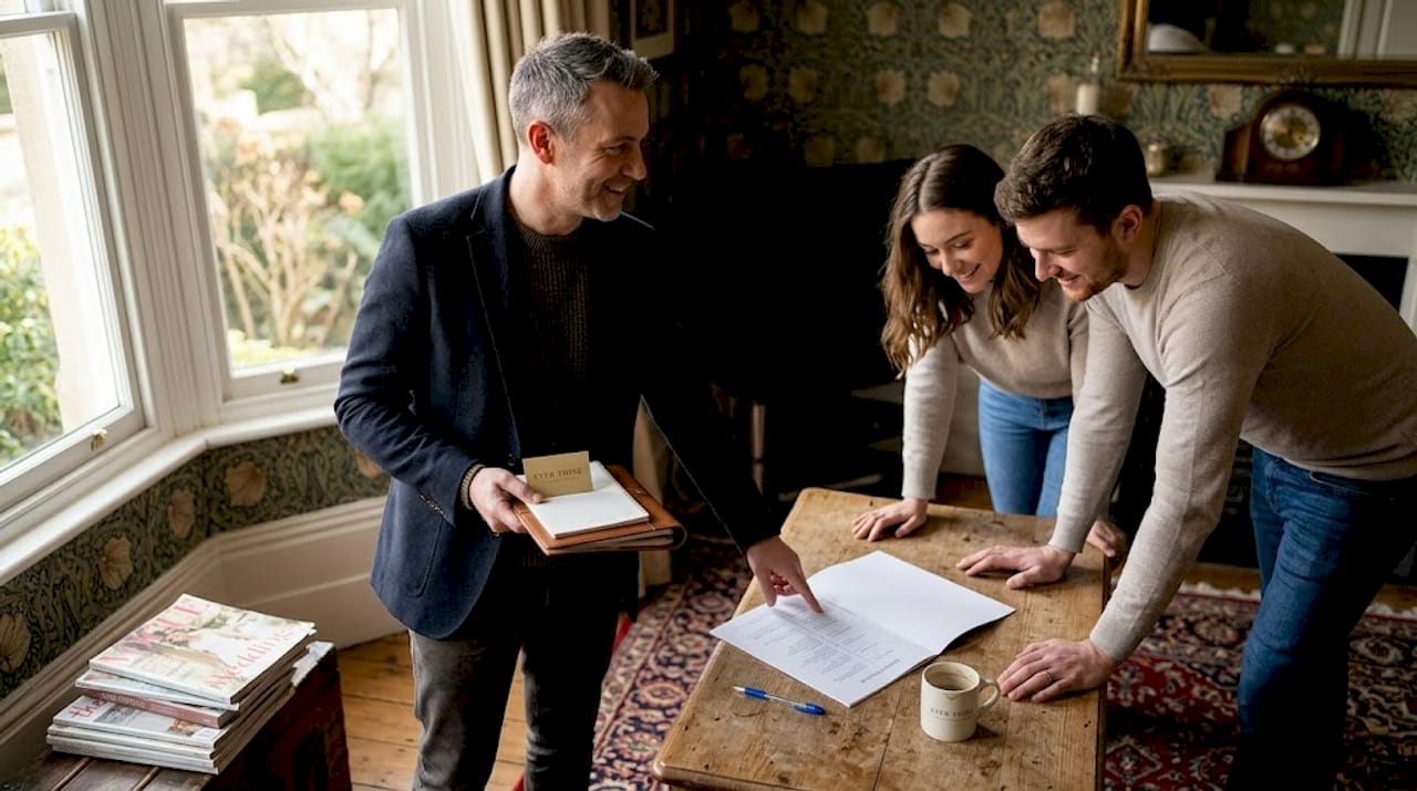 Wedding planner and couple discuss schedule