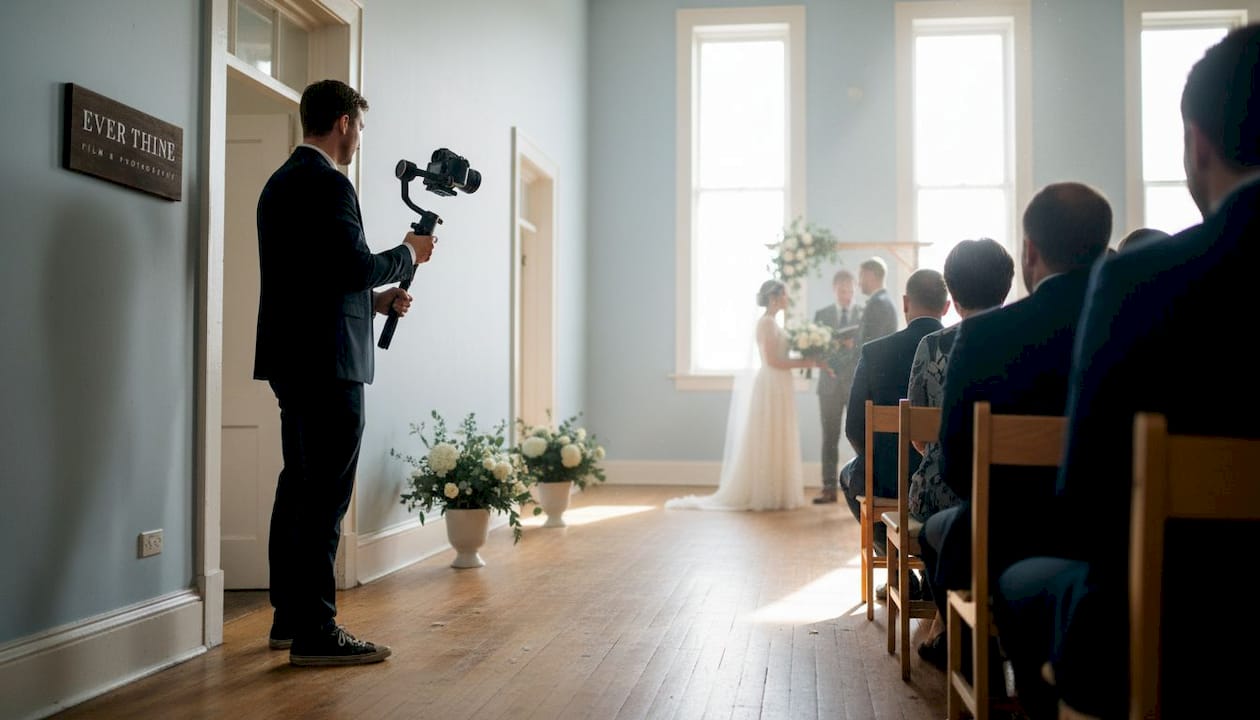 Videographer recording wedding ceremony in hall
