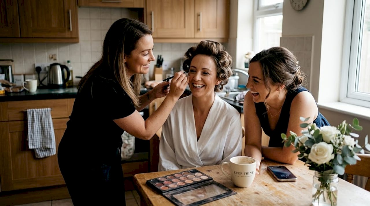 Bride and makeup artist candid morning preparation