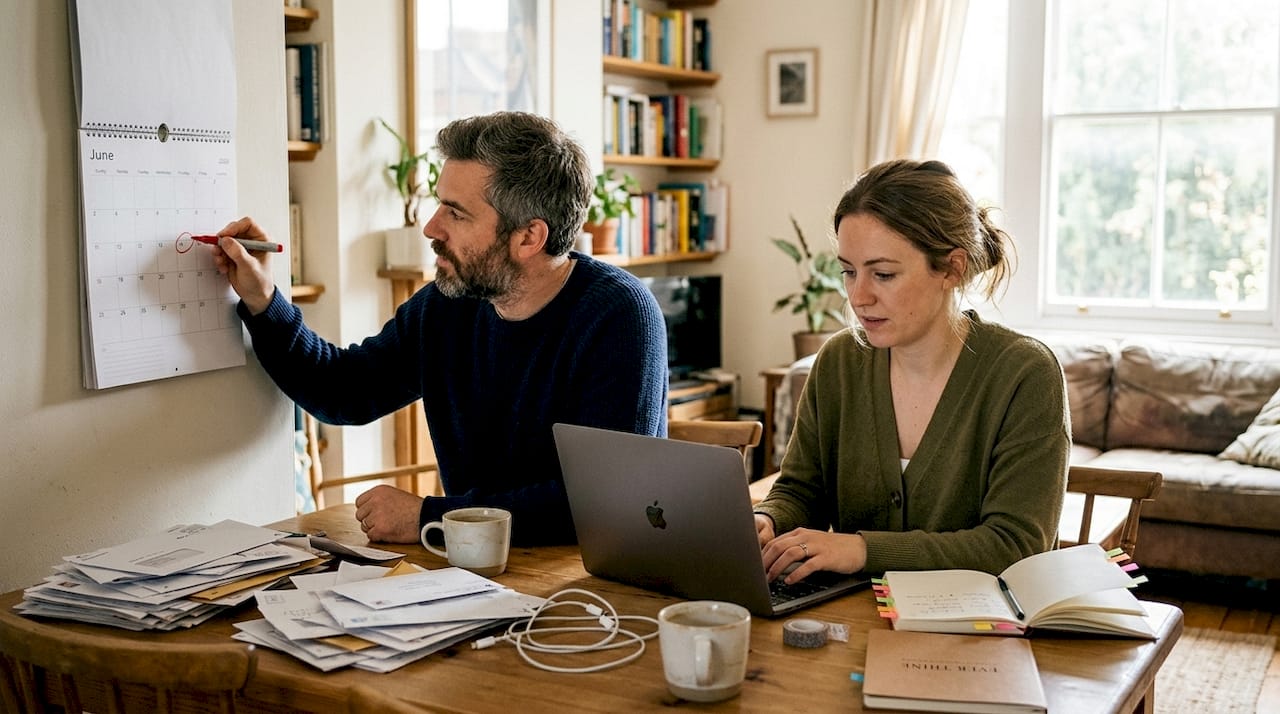 Couple marking date on home calendar