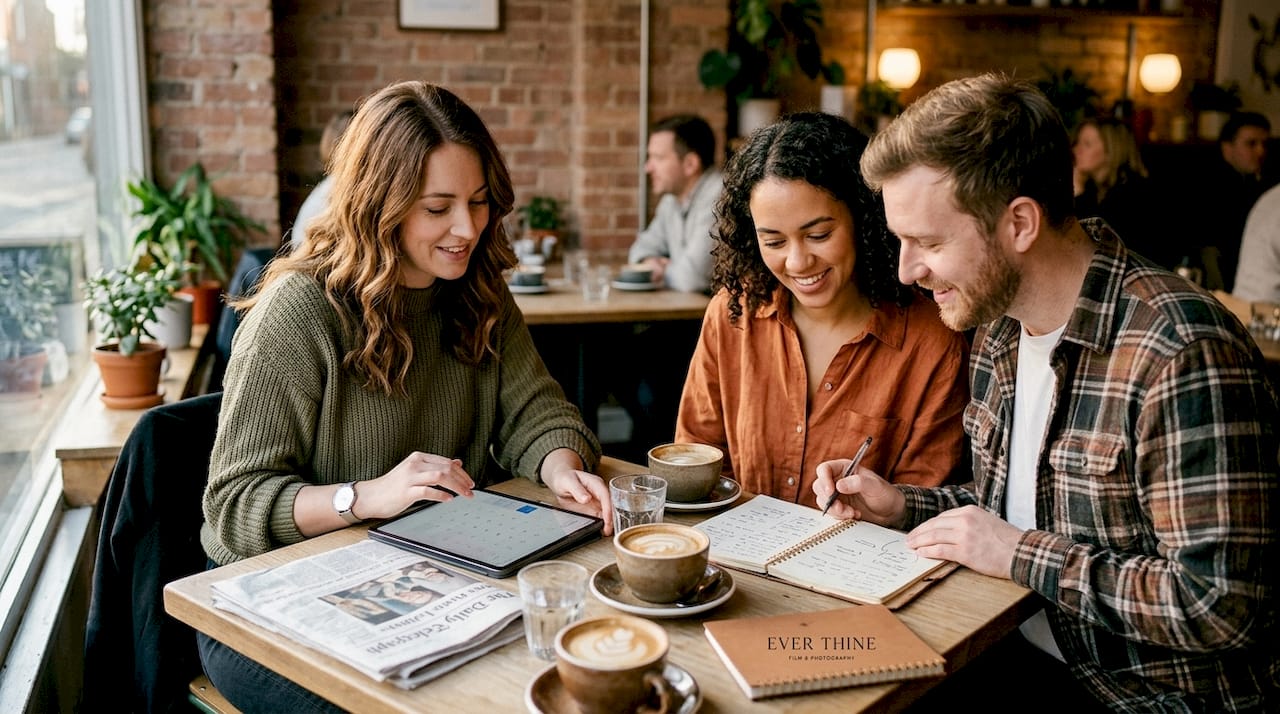 Photographer discussing booking with couple in café