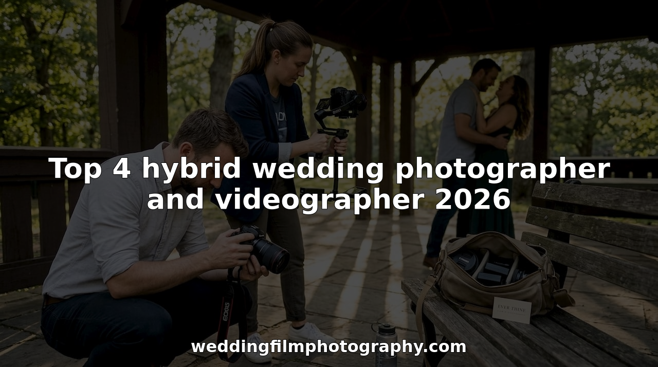 Photographer and videographer working at park wedding