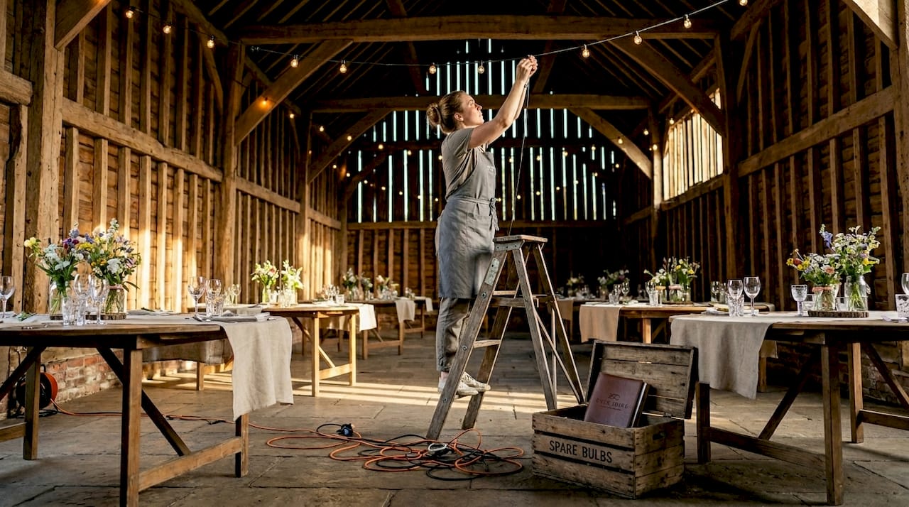 Staff adjusts lighting in decorated barn wedding