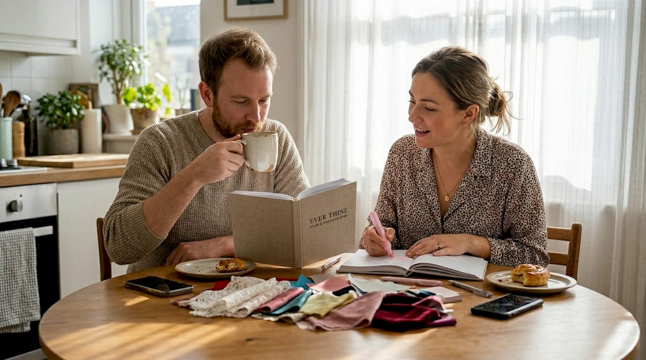 Couple brainstorming wedding ideas at kitchen table