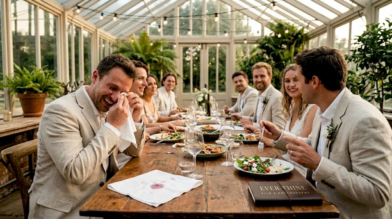 Guests laughing around wedding reception table