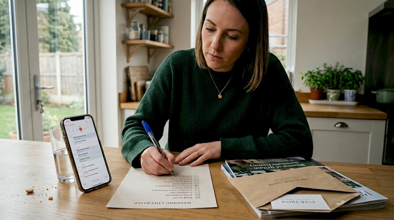 Woman marking wedding checklist in kitchen