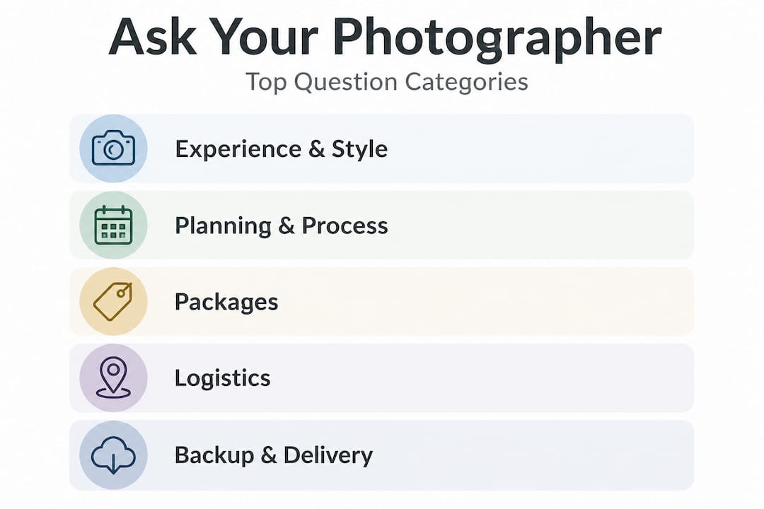 Infographic showing top wedding photographer question categories