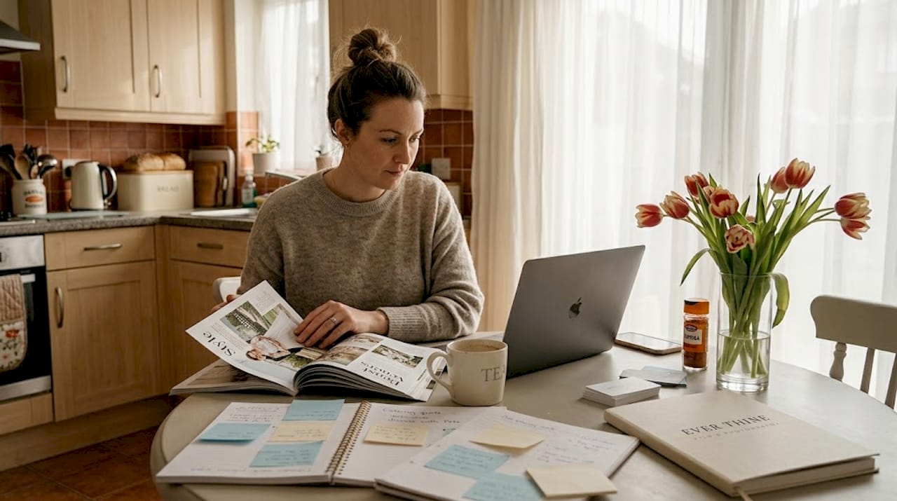 Bride planning wedding at dining table with laptop