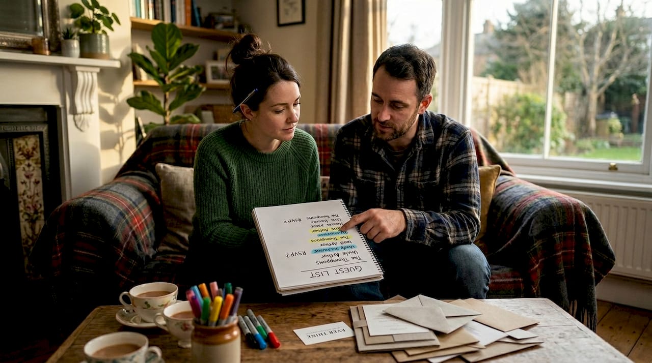 Couple reviewing guest list for wedding etiquette